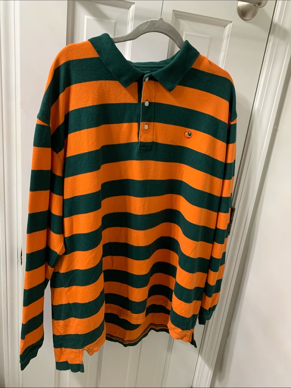 Duck Head Orange and Dark Green Striped Rugby Polo